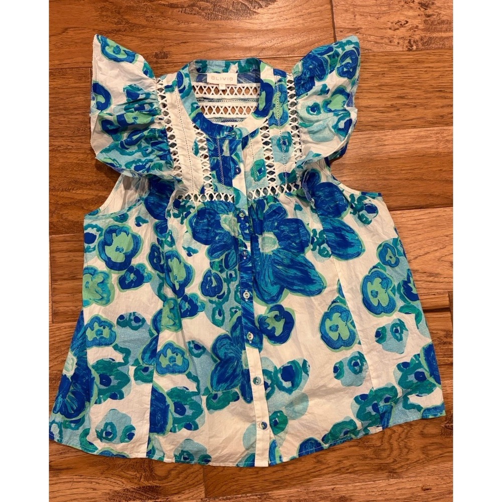 ALIVIA JOMARIE TOP Ruffle Sleeves White Blue Floral Size L 100% Cotton Whimsy - Picture 3 of 5